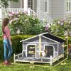 PawHut Wooden Large Dog House Outdoor Cabin Style, Elevated Pet Shelter with Porch, for Small and Medium Breed Dogs, Gray