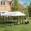PawHut Welded Wire Outdoor Dog Kennel with 360° Rotating & 4 Levels Adjustable Bowls, Waterproof Cover, 9.8' x 9.8' x 6.8'